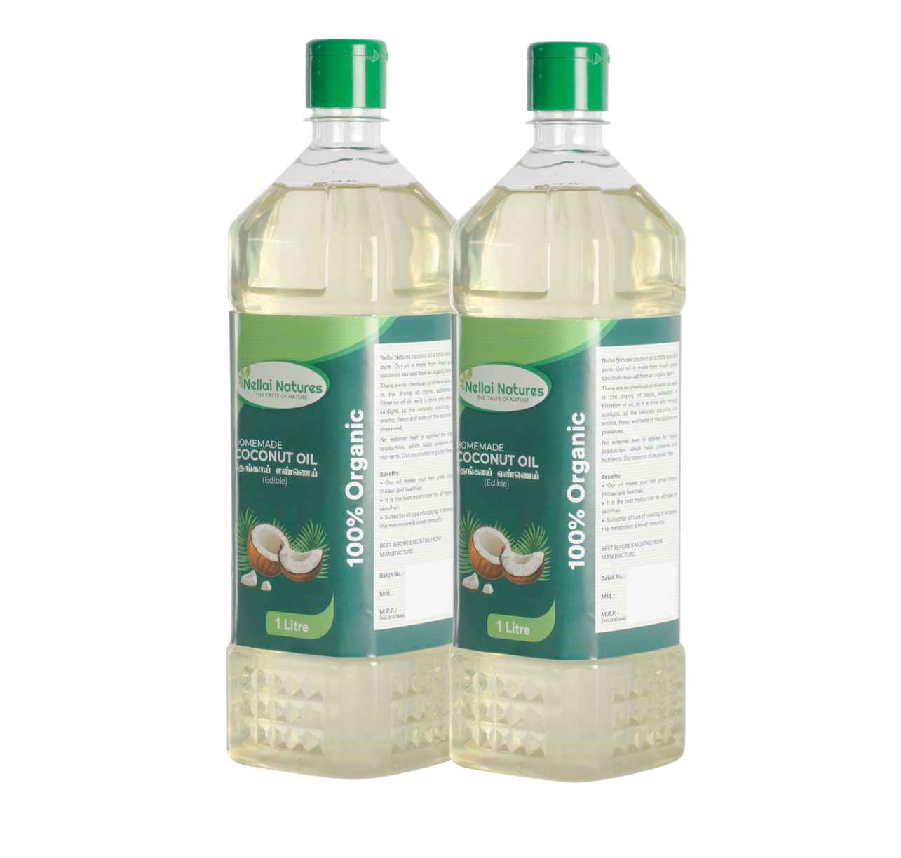 Nellai Natures Coconut Duo Pack - 2 Coconut Oil bottles, 1 Litre each