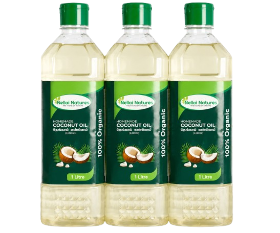 Nellai Natures Pure Coconut Family Pack - 3 Coconut Oil bottles, 1 Litre each